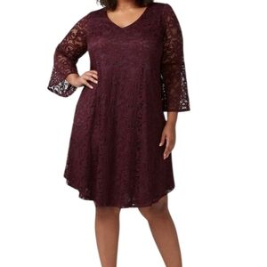 Lane Bryant Plus Size 18/20 Burgundy Lace Dress Lined 3/4 Sleeve A-Line Nigthout